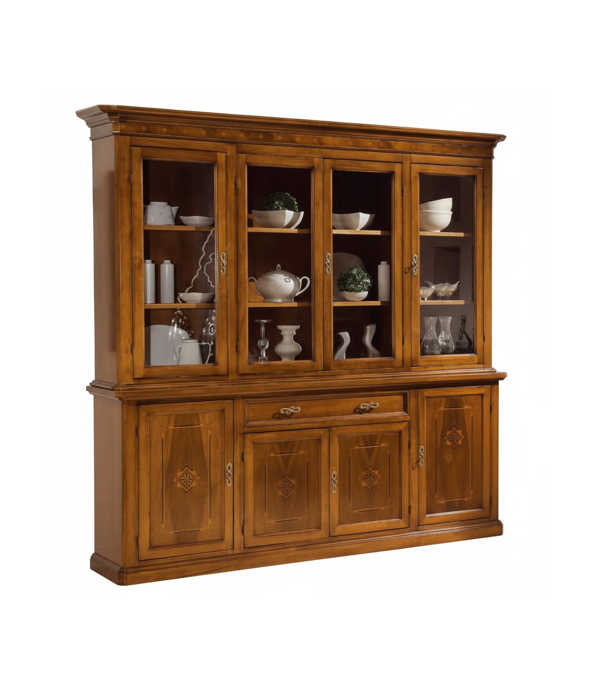 CRISTALLIERA IN LEGNO 8 PORTE 1 CASSETTO CON INTARSIO FINITURA BASSANO MISURE L.220 P.49 H.222