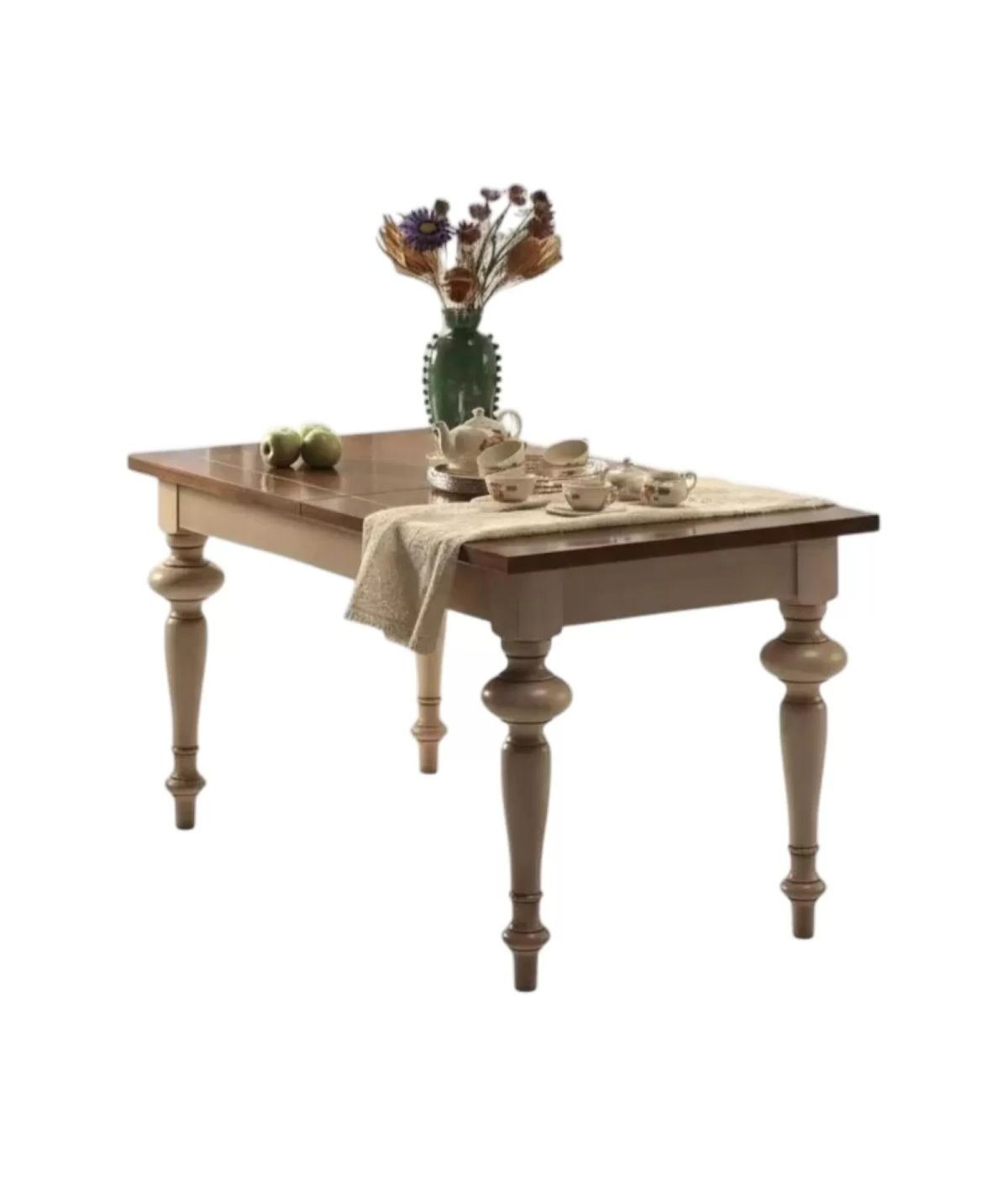 MOBILI 2G - TAVOLO SHABBY ALLUNGABILE GAMBA TORNITA IN LEGNO AVORIO/NOCE L.160 P.90 H.80