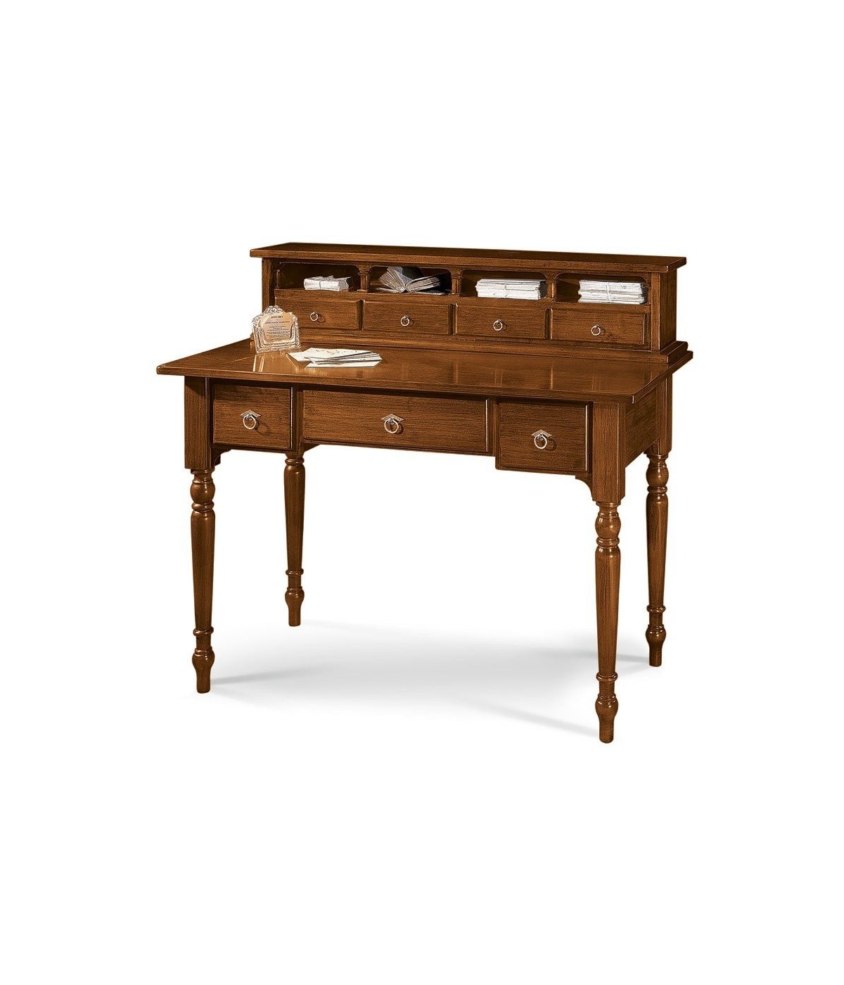 MOBILI 2G - SCRIVANIA 7 CASSETTI IN LEGNO ARTE POVERA TINTA NOCE 120X57X104