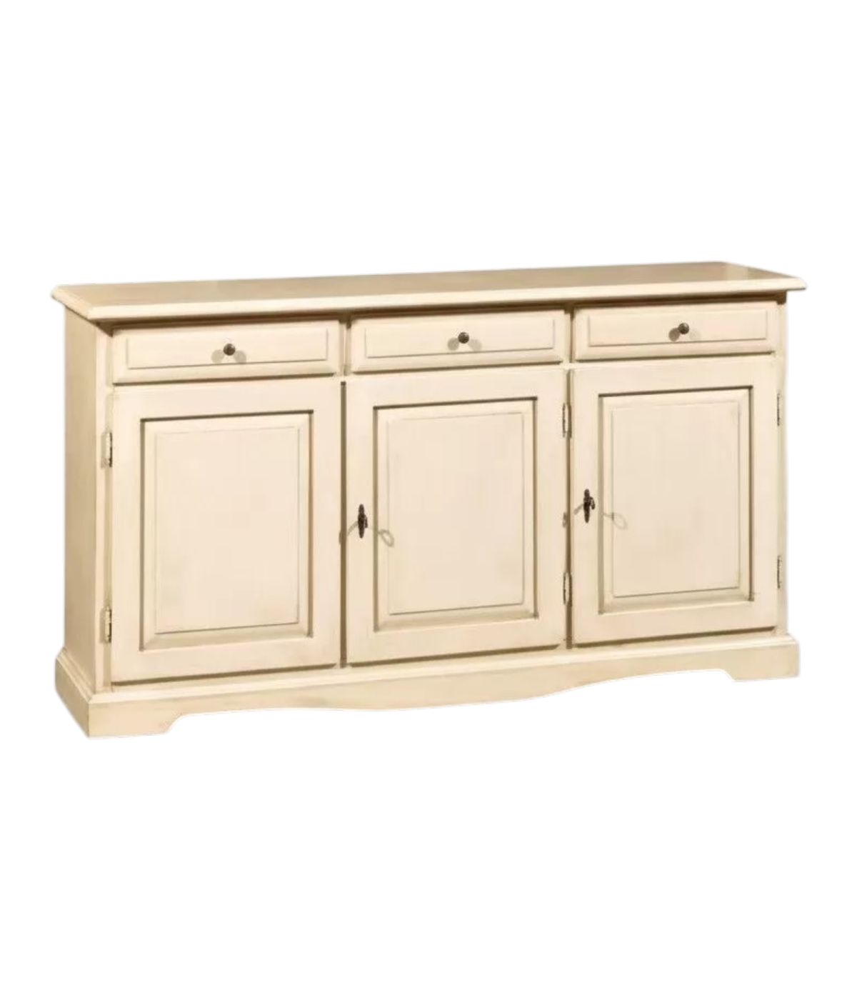 MOBILI 2G - MADIA CREDENZA CLASSICA 3 PORTE IN LEGNO AVORIO PENNELLATO 156x42x85