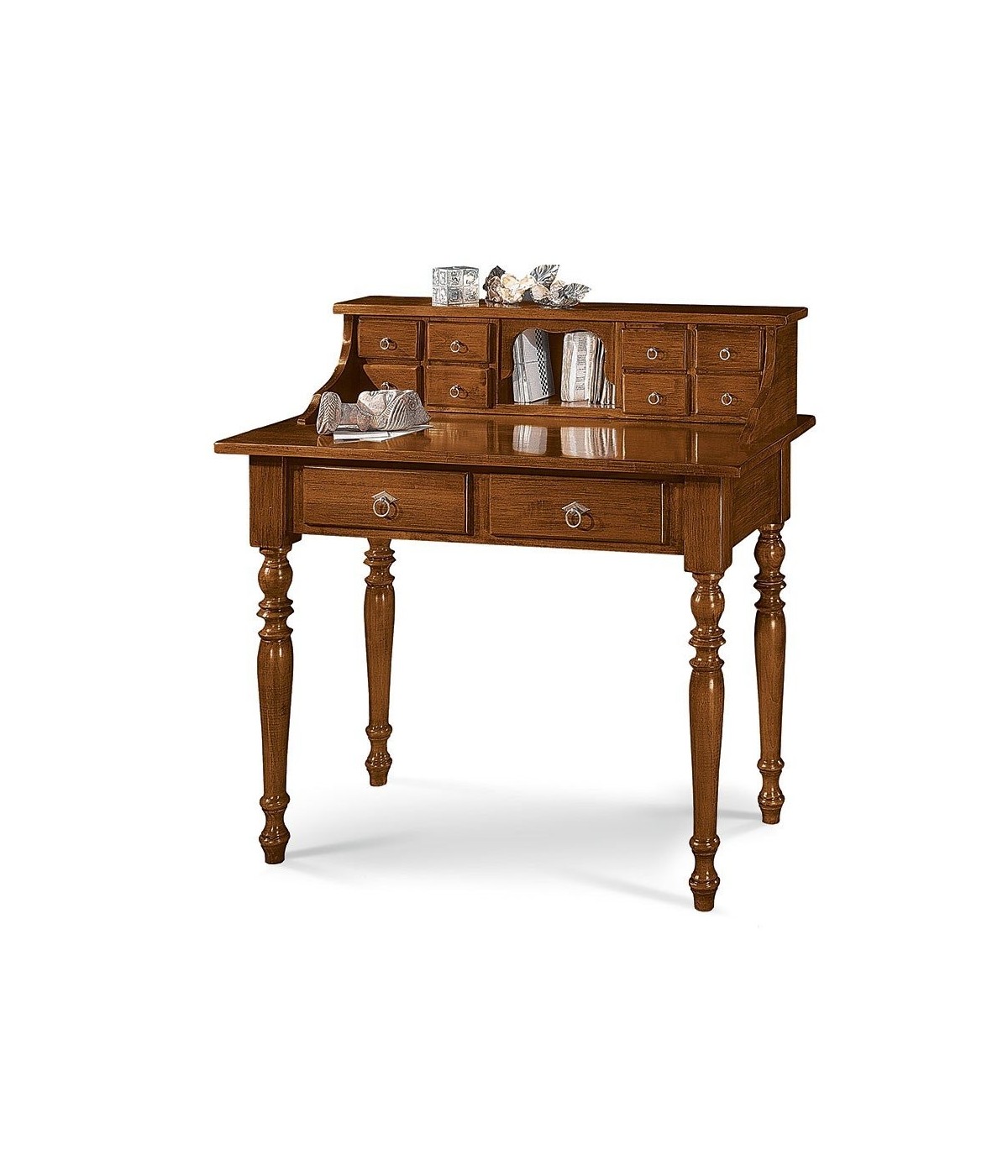 MOBILI 2G - SCRIVANIA 10 CASSETTI IN LEGNO ARTE POVERA TINTA NOCE 105X55X104