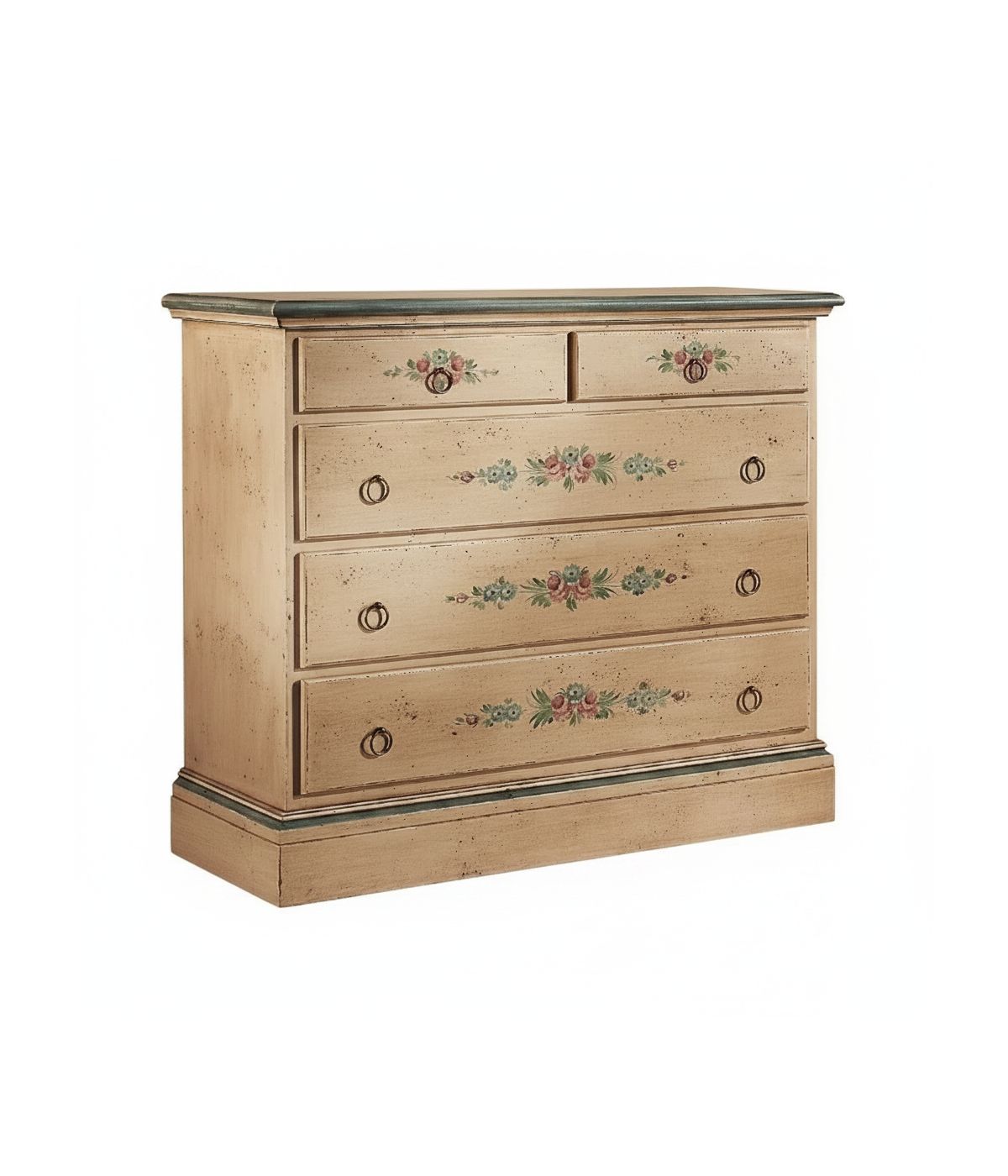 MOBILI 2G -  Cassettiera arte povera 5 cassetti legno shabby avorio 117x51x101 VISTA FRONTALE