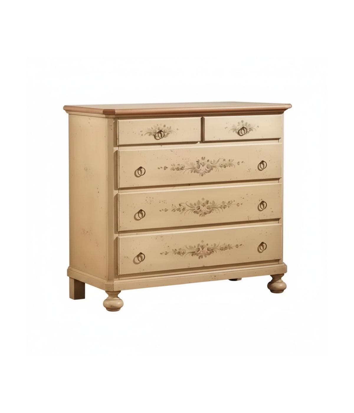 Cassettiera arte povera 5 cassetti legno shabby avorio rosso 116x51x101 (1422)