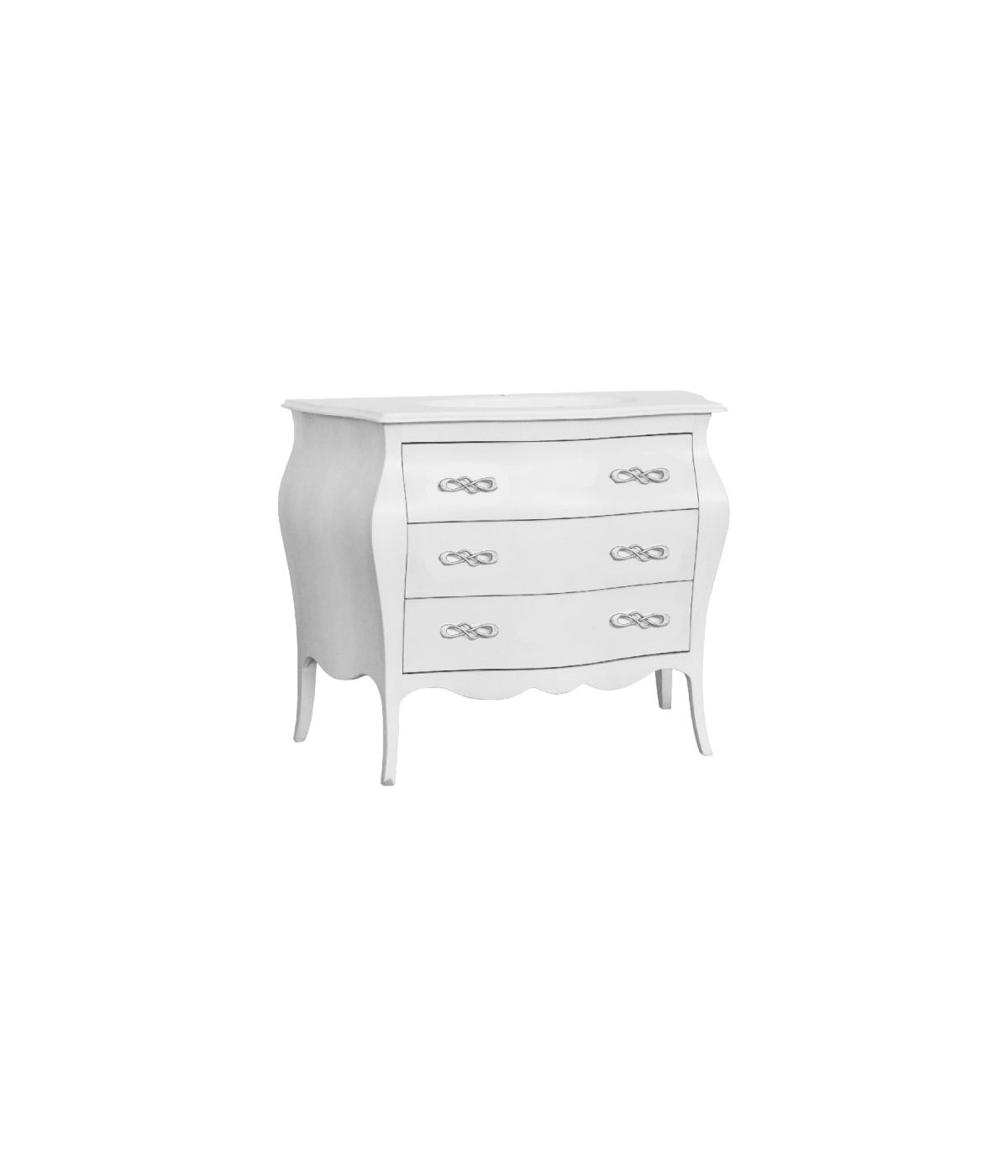 MOBILI 2G - Cassettiera sagomata 3 cassetti legno shabby bianco 116x45X85 vista frontale