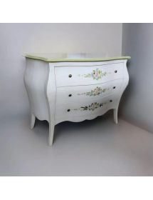 Cassettiera 3 cassetti legno shabby bianco anticato decori filo verde 116x42X85