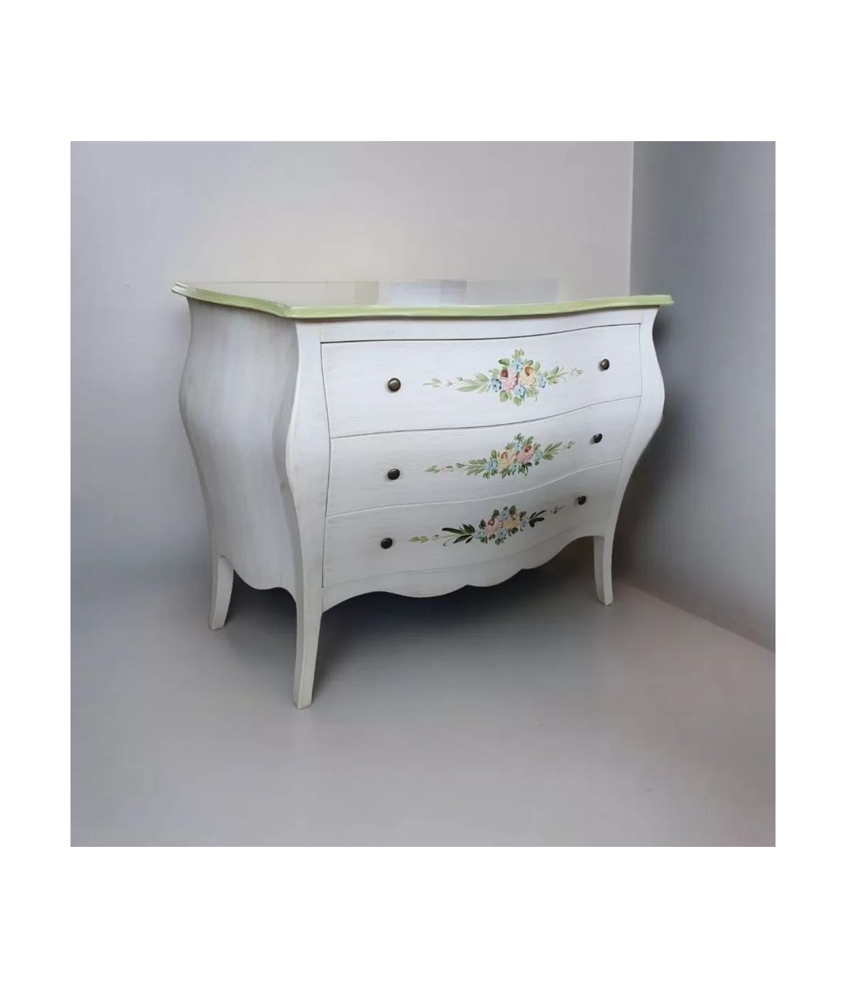Cassettiera 3 cassetti legno shabby bianco anticato decori filo verde 116x42X85