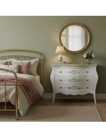 Cassettiera 3 cassetti legno shabby bianco anticato decori filo verde 116x42X85