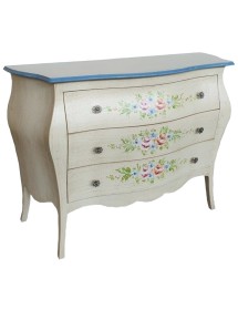 MOBILI 2G - Cassettiera sagomata 3 cassetti legno shabby avorio anticato decori 116x42X85 vista frontale