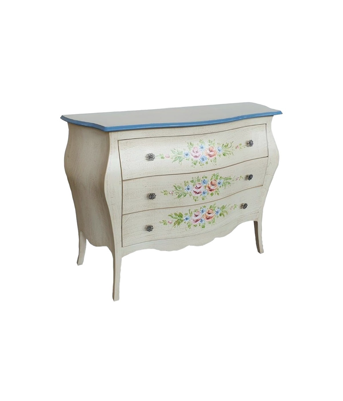 MOBILI 2G - Cassettiera sagomata 3 cassetti legno shabby avorio anticato decori 116x42X85 vista frontale