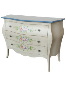 MOBILI 2G - Cassettiera sagomata 3 cassetti legno shabby avorio anticato decori 116x42X85 vista frontale