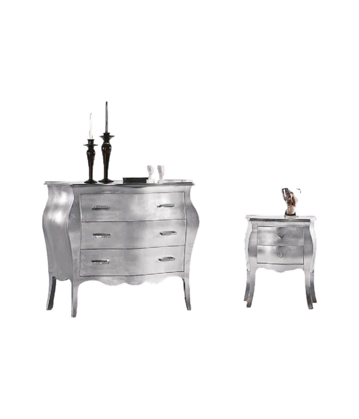 MOBILI 2G - Gruppo 1 cassettiera 2 comodini bombati Foglia argento Maniglie Swarovski  vista frontale