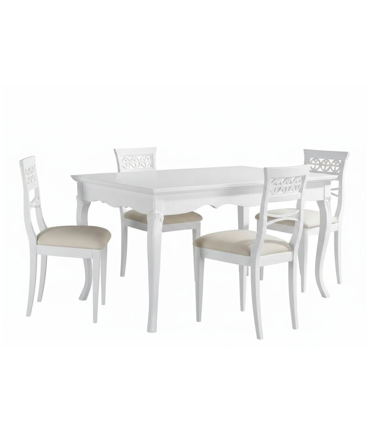 Set tavolo legno allungabile intaglio bianco con 4/6 sedie seduta imbottita