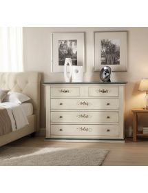 Cassettiera 5 cassetti legno shabby bianco anticato decori filo blu 120x50X85