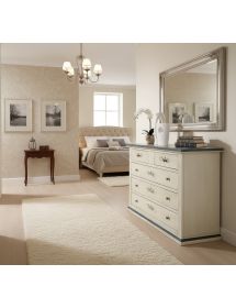 Cassettiera 5 cassetti legno shabby bianco anticato decori filo blu 120x50X85