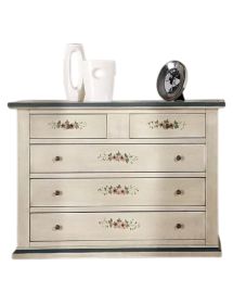 MOBILI 2G - Cassettiera 5 cassetti legno shabby bianco anticato decori filo blu 120x50X85 vista frontale