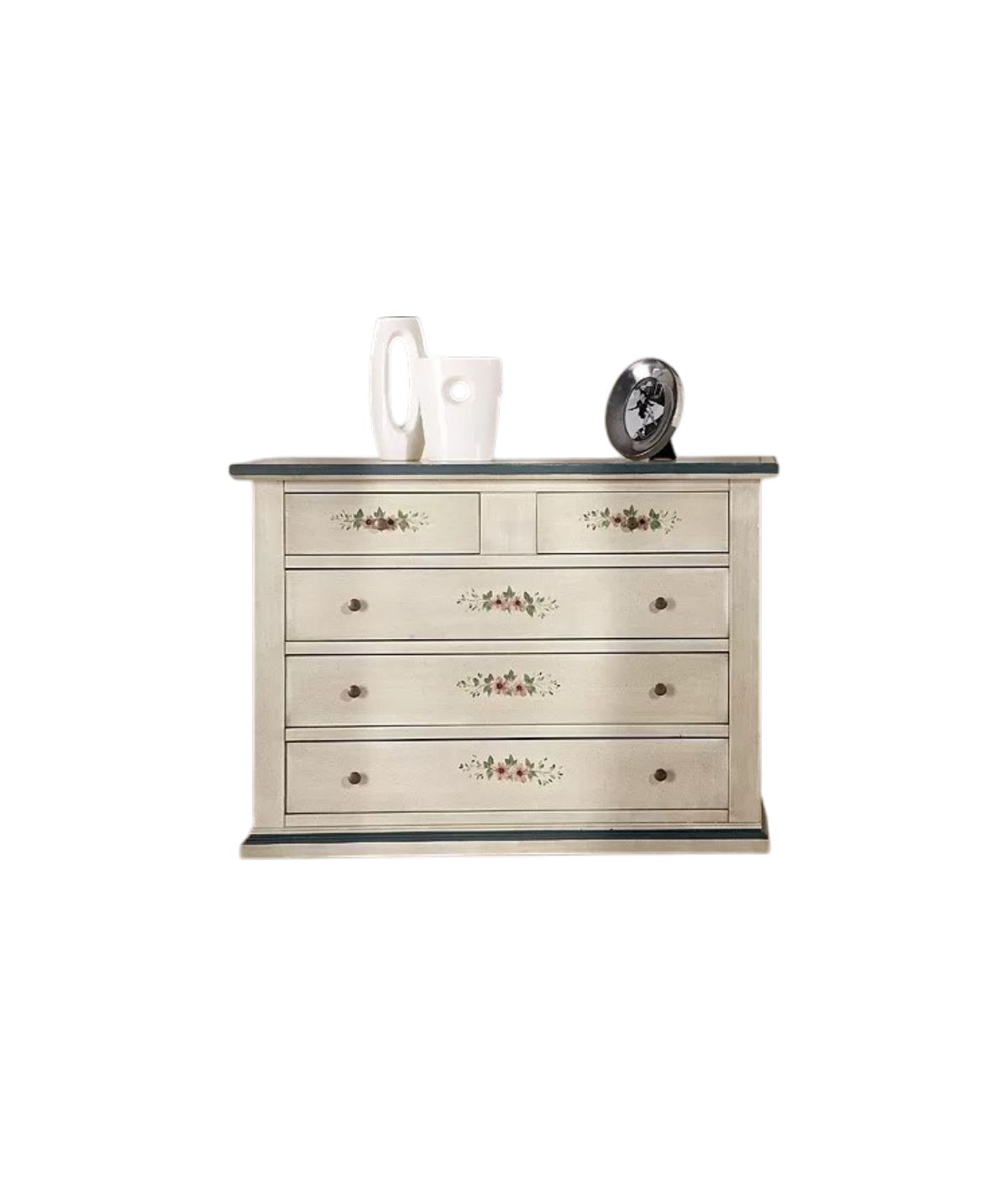MOBILI 2G - Cassettiera 5 cassetti legno shabby bianco anticato decori filo blu 120x50X85 vista frontale