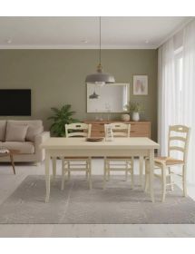 Set tavolo rettangolare avorio 100x70 120x80 140x80 160x85 allungabile con 4/6 sedie seduta paglia