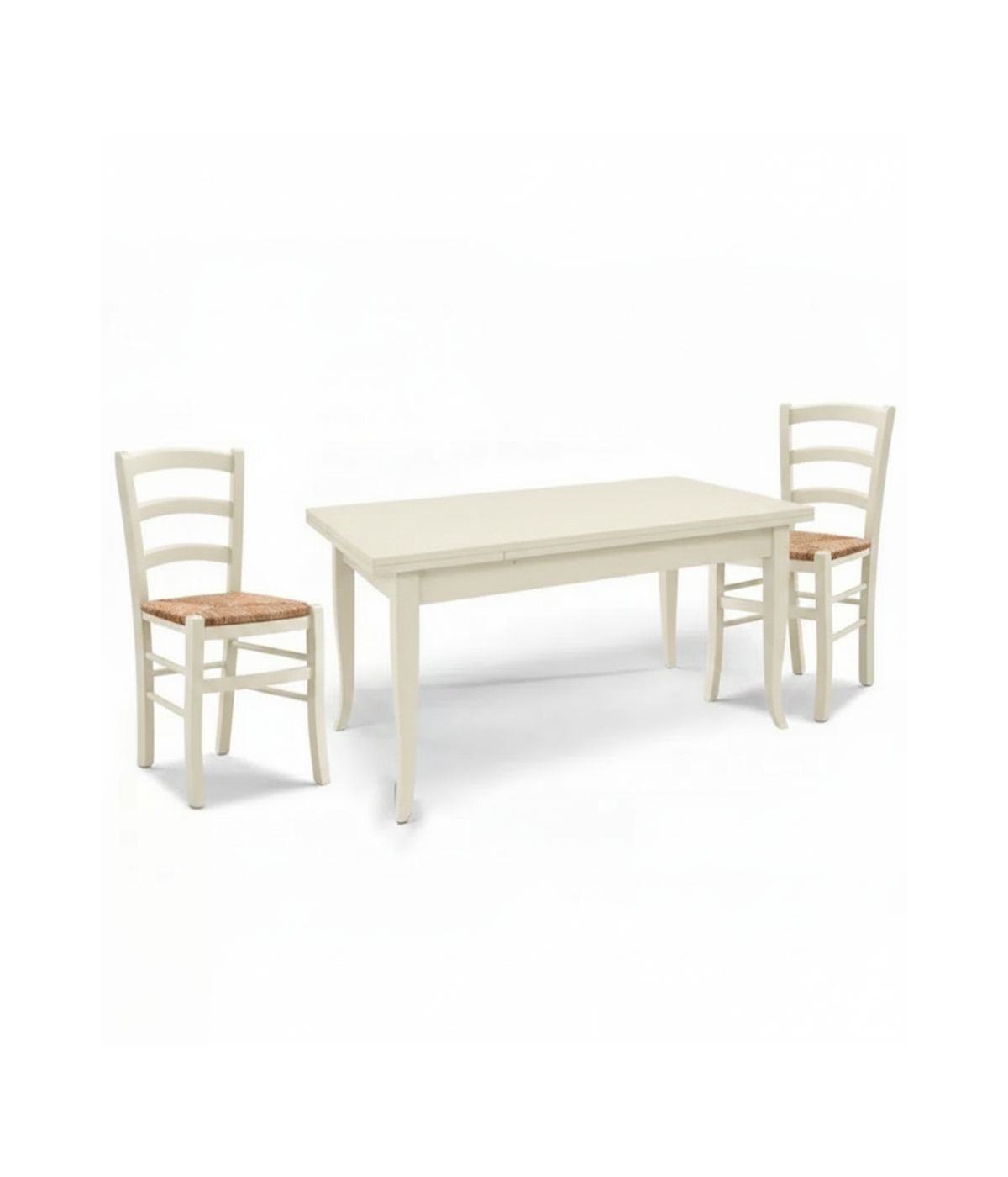 Set tavolo rettangolare avorio 100x70 120x80 140x80 160x85 allungabile con 4/6 sedie seduta paglia