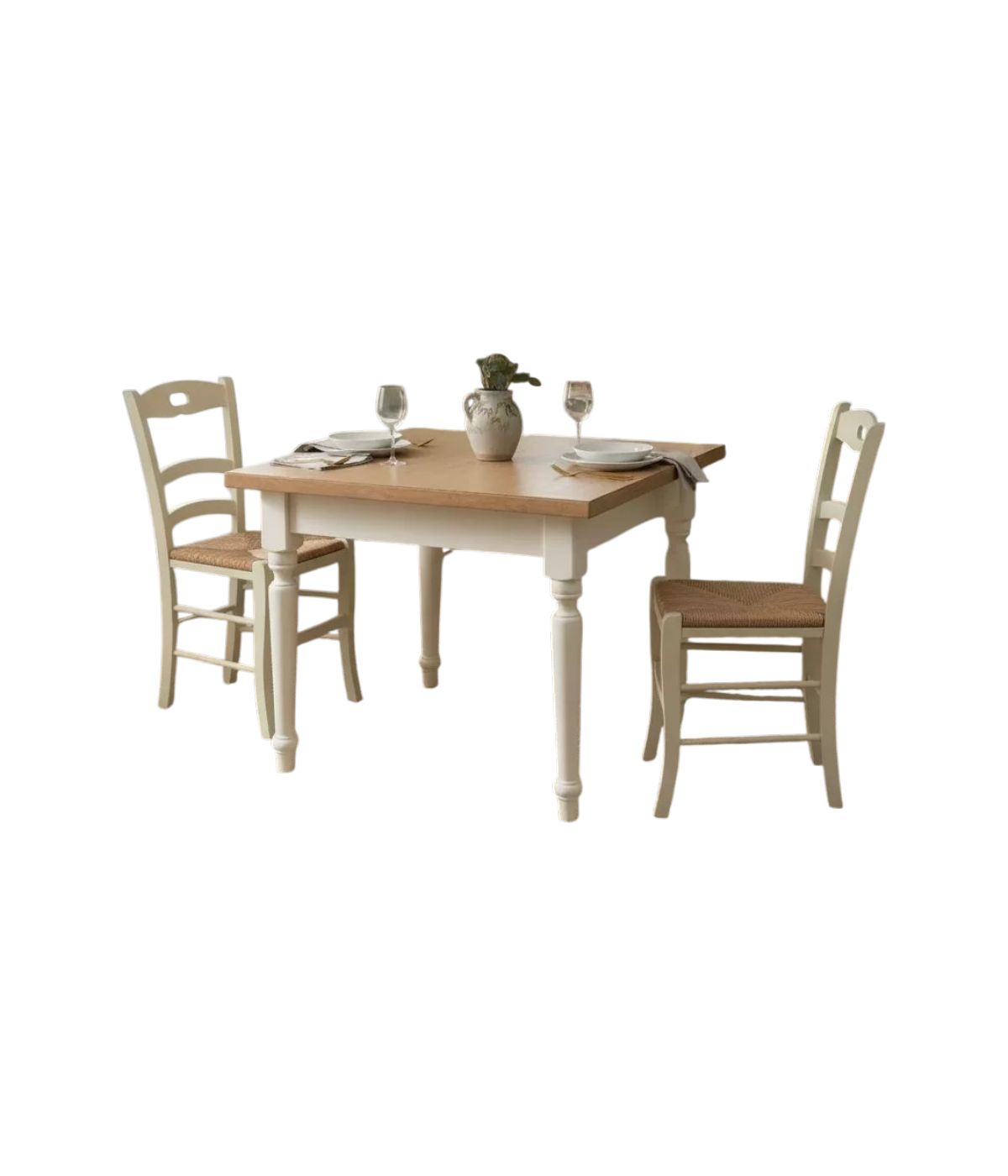 Set tavolo quadrato bicolore 80x80 90x90 100x100 allungabile con 4/6 sedie seduta paglia
