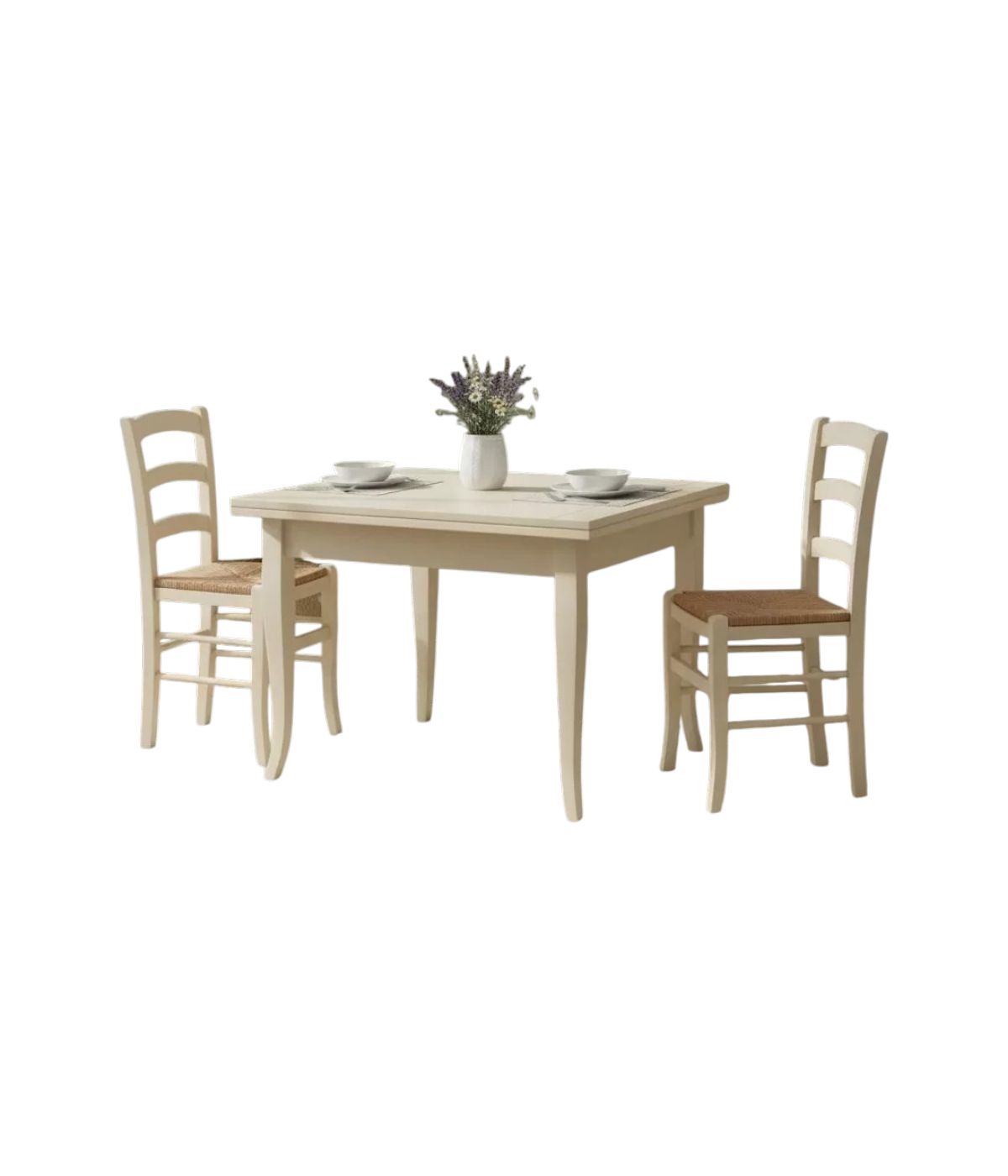 Set tavolo quadrato avorio 80x80 90x90 100x100 allungabile con 4/6 sedie seduta paglia