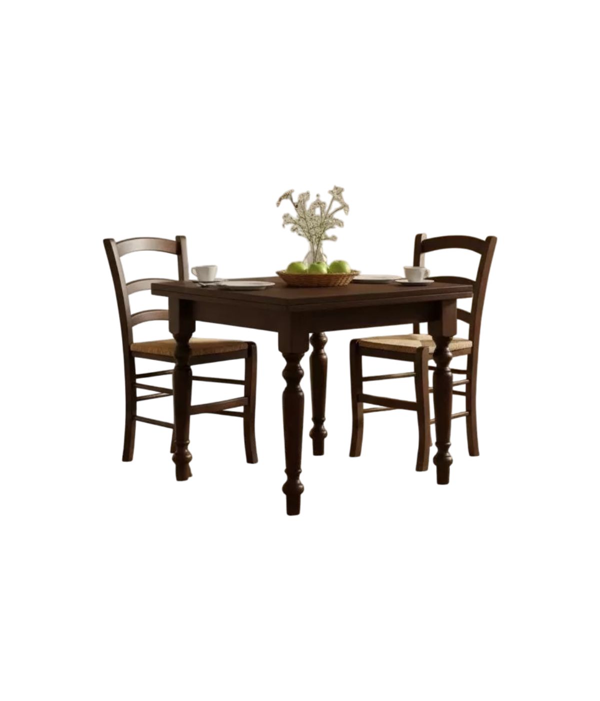 Set tavolo quadrato arte povera gamba tornita 90x90 100x100 allungabile con 4 sedie seduta paglia