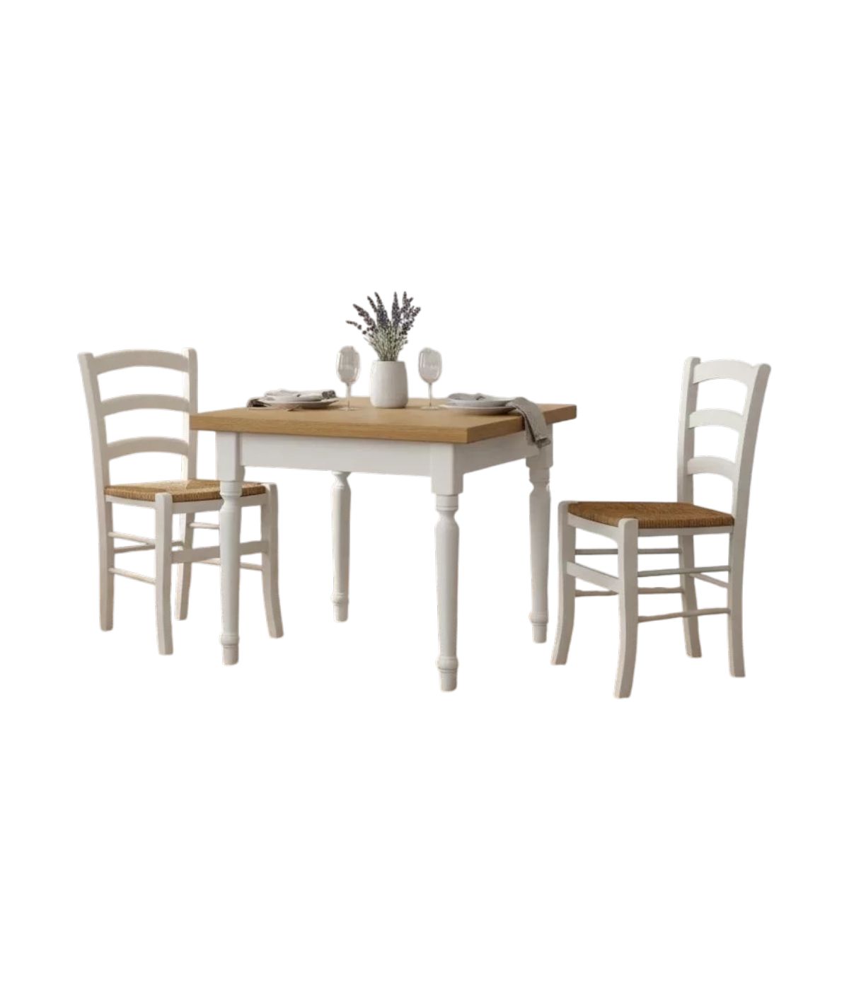 Set tavolo quadrato bicolore 80x80 90x90 100x100 allungabile con 4/6 sedie seduta paglia