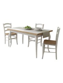 Set tavolo rettangolare shabby 100x70 120x80 140x80 160x85 allungabile con 4/6 sedie legno seduta paglia