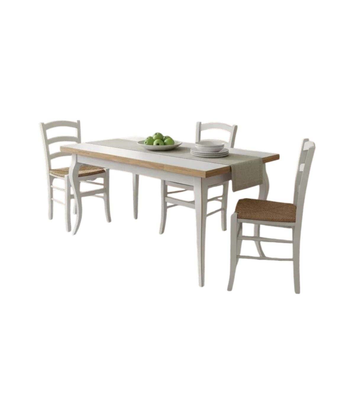 Set tavolo rettangolare shabby 100x70 120x80 140x80 160x85 allungabile con 4/6 sedie legno seduta paglia