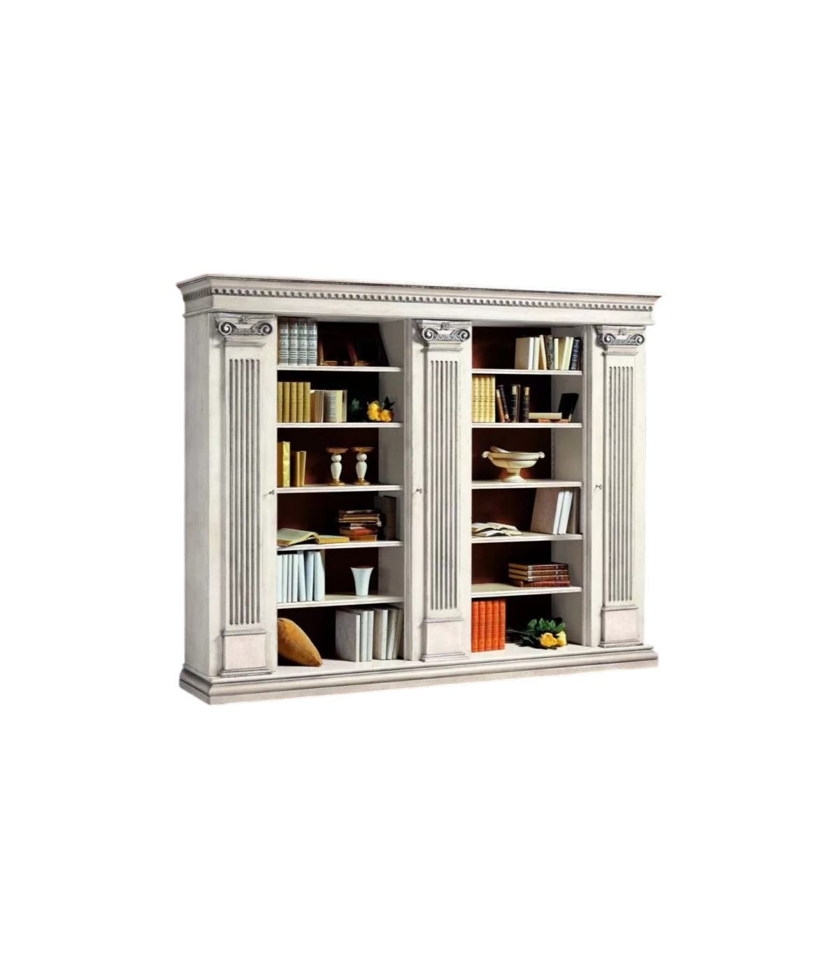 LIBRERIA CLASSICA 3 PORTE E 22 RIPIANI LEGNO BIANCO ANTICATO 306X52X240