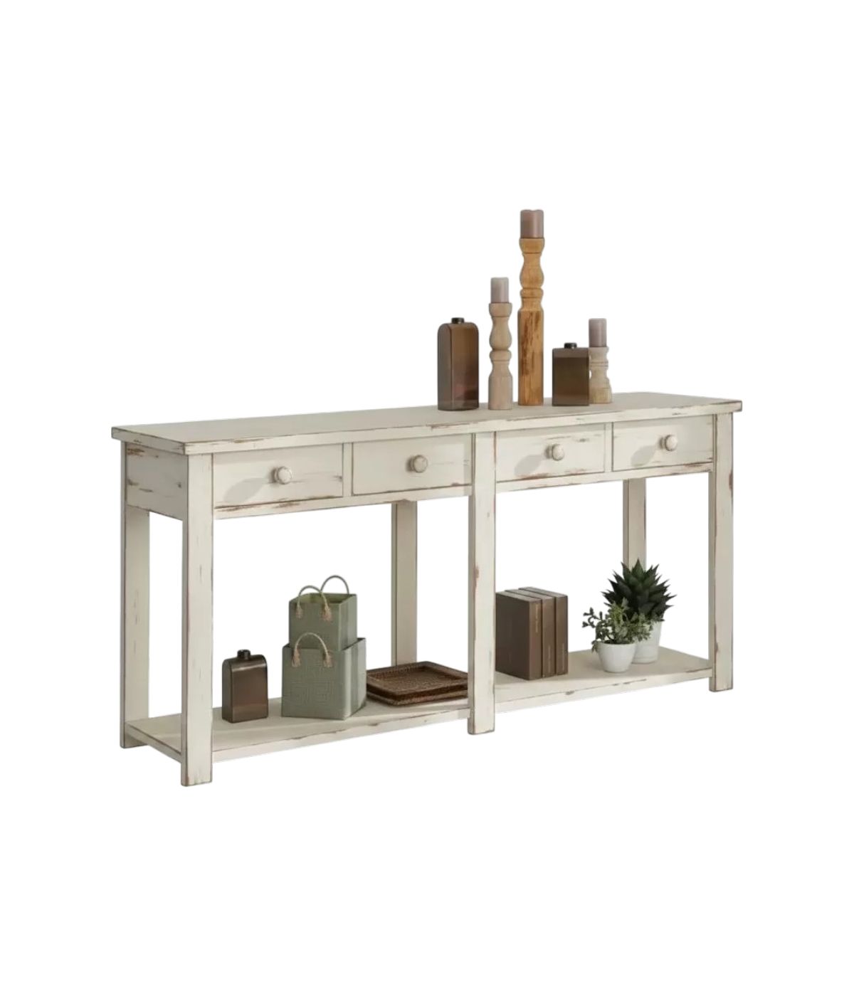 BANCONE 4 CASSETTI LEGNO SHABBY BIANCO SPIGOLATO 200x50x90