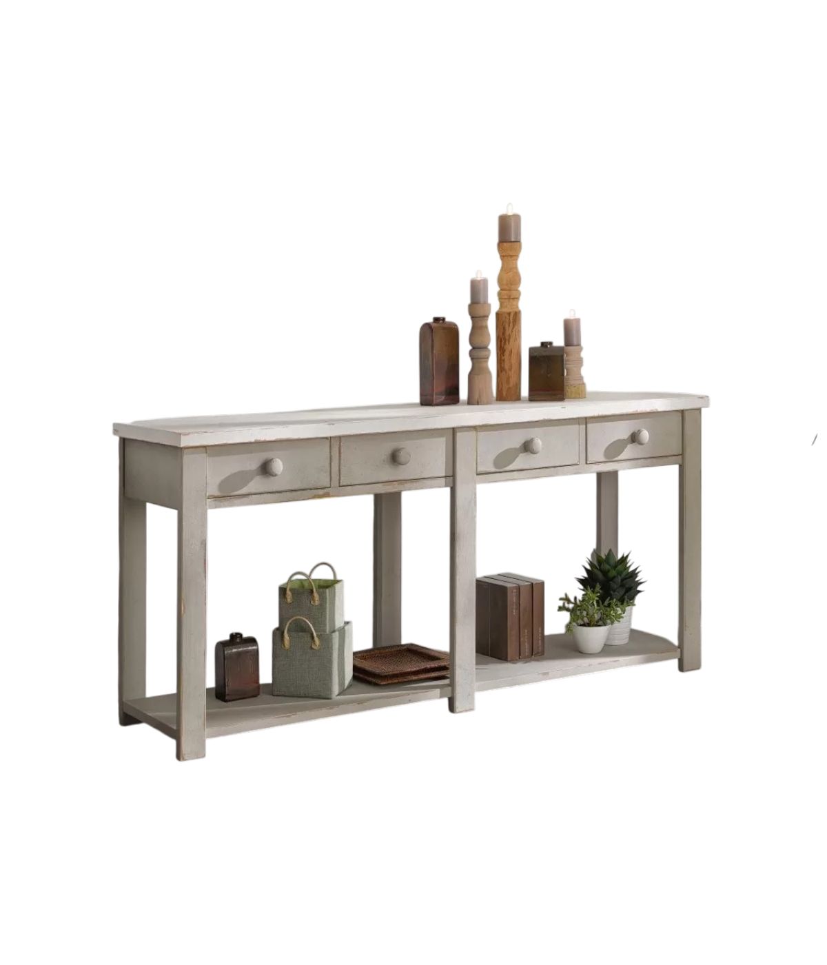 MOBILI 2G - BANCONE 4 CASSETTI 1 RIPIANO SHABBY GRIGIO IN LEGNO MASSELLO 200x50x90