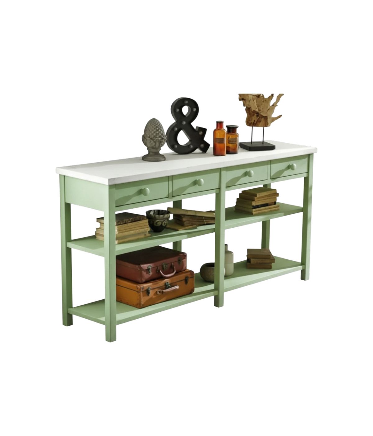 MOBILI 2G - BANCONE 4 CASSETTI 2 RIPIANI SHABBY VERDE IN LEGNO MASSELLO