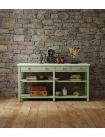 MOBILI 2G - BANCONE 4 CASSETTI 2 RIPIANI SHABBY VERDE IN LEGNO MASSELLO