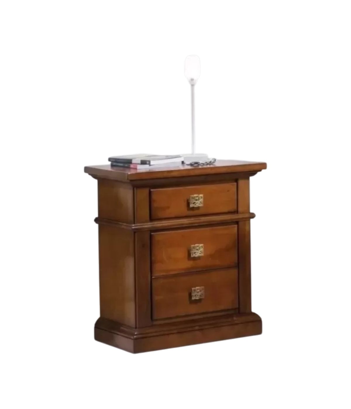 MOBILI 2G - COMODINO CLASSICO IN LEGNO 3 CASSETTI TINTA NOCE L.55 x P.37 H.67 vista frontale