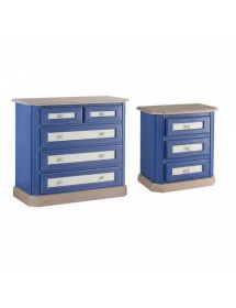Comodino 3 cassetti in legno blu e miele 61x39x64