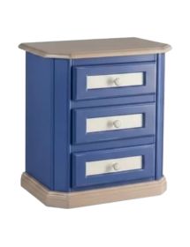 Comodino 3 cassetti in legno blu e miele 61x39x64