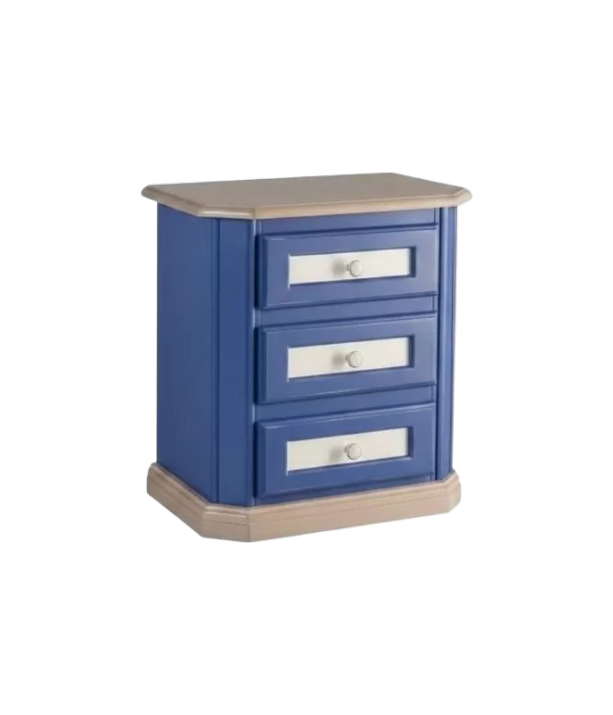 Comodino 3 cassetti in legno blu e miele 61x39x64