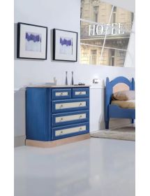 Comodino 3 cassetti in legno blu e miele 61x39x64