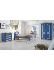 Comodino 3 cassetti in legno blu e miele 61x39x64