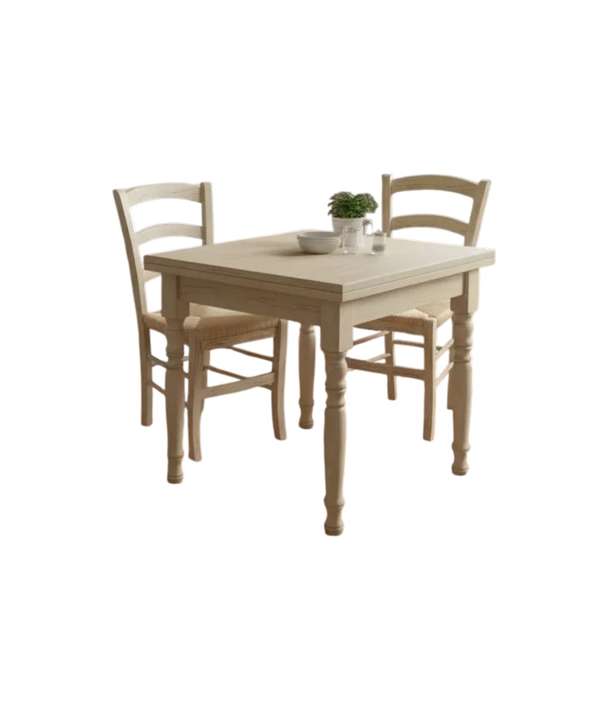 Set tavolo quadrato avorio anticato 80x80 90x90 100x100 allungabile con 4 sedie seduta paglia