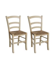 Set 2 sedie legno shabby avorio anticato seduta paglia 43x46x89