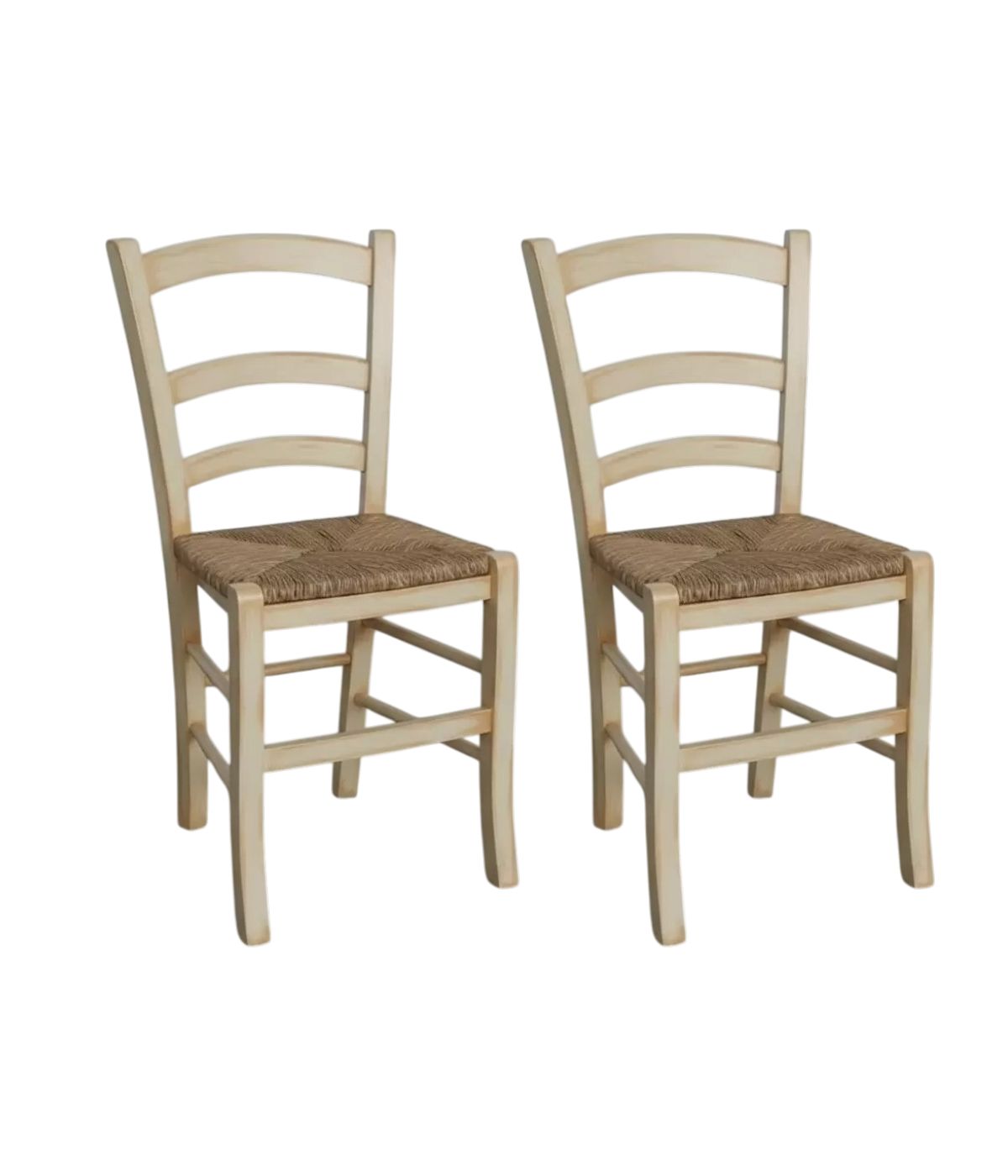 Set 2 sedie legno shabby avorio anticato seduta paglia 43x46x89