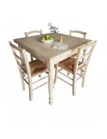 Set tavolo quadrato bianco anticato 80x80 90x90 100x100 allungabile con 4 sedie legno seduta paglia