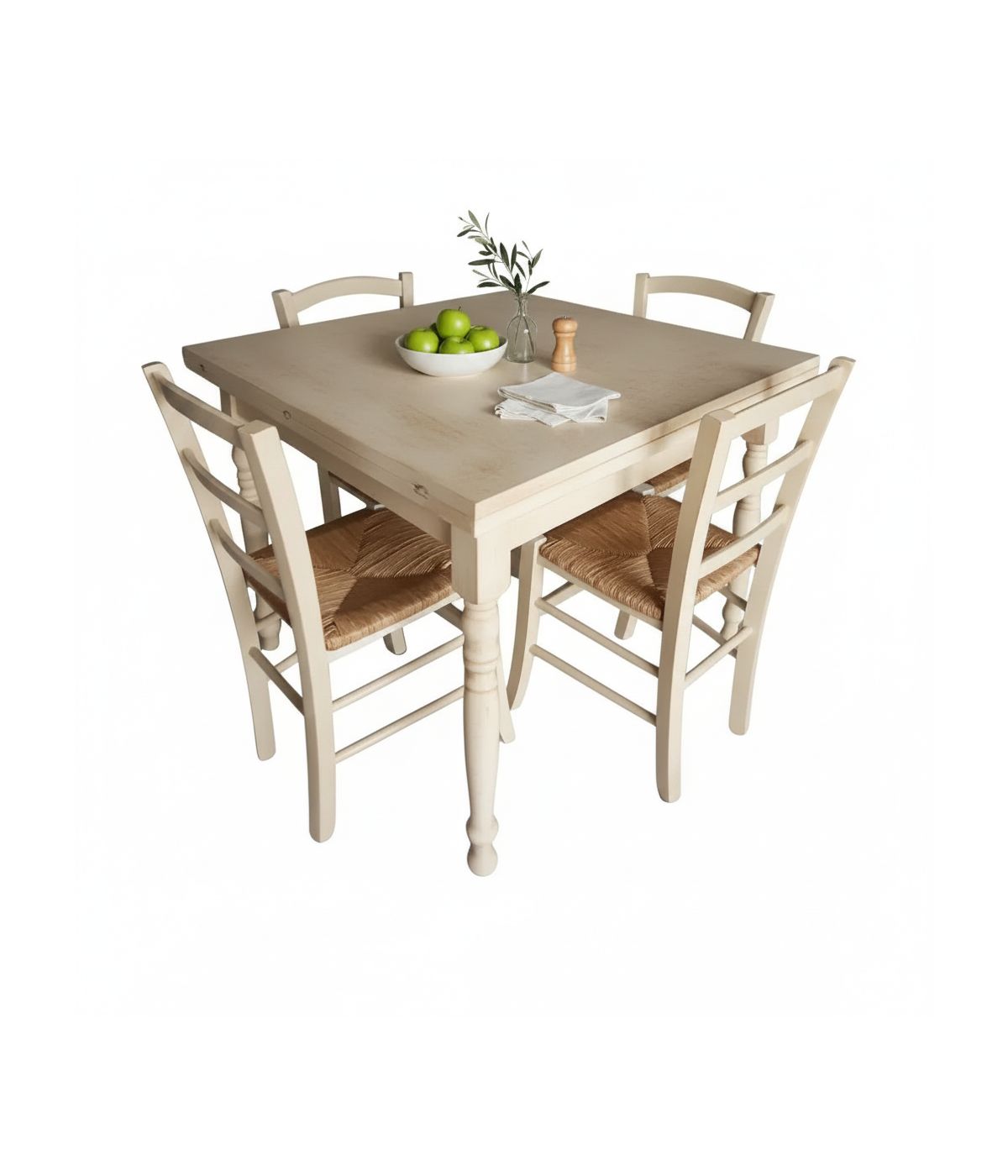 Set tavolo quadrato bianco anticato 80x80 90x90 100x100 allungabile con 4 sedie legno seduta paglia