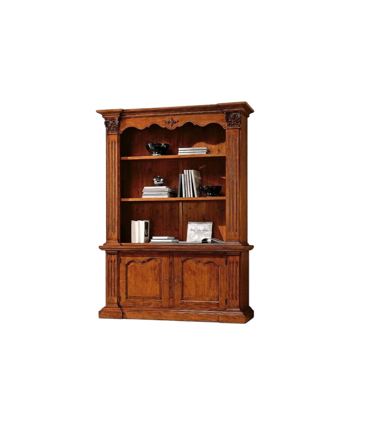 MOBILI 2G - LIBRERIA 2 PORTE IN LEGNO MASSELLO TINTA NOCE L.164 x P.53 H.225