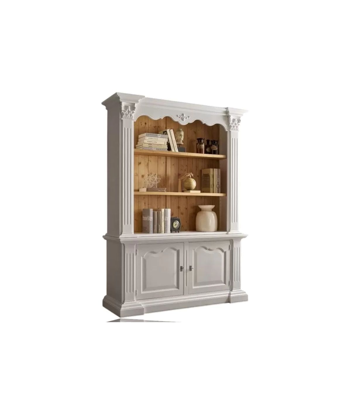 Libreria 2 porte legno massello shabby bianco naturale 164x53x225