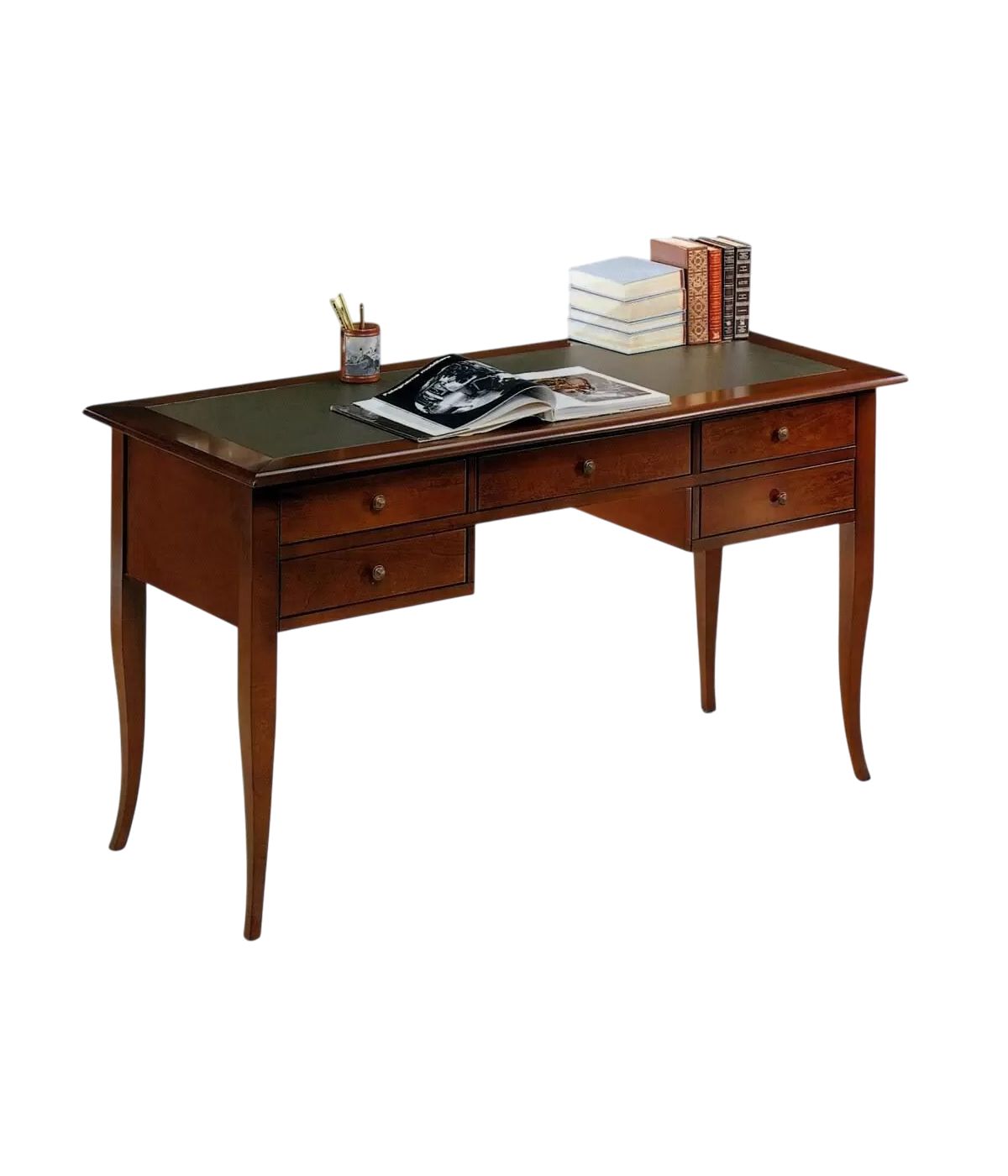 MOBILI 2G - SCRIVANIA ARTE POVERA PIANO PELLE LEGNO TINTA NOCE 130x65x81 VISTA FRONTALE