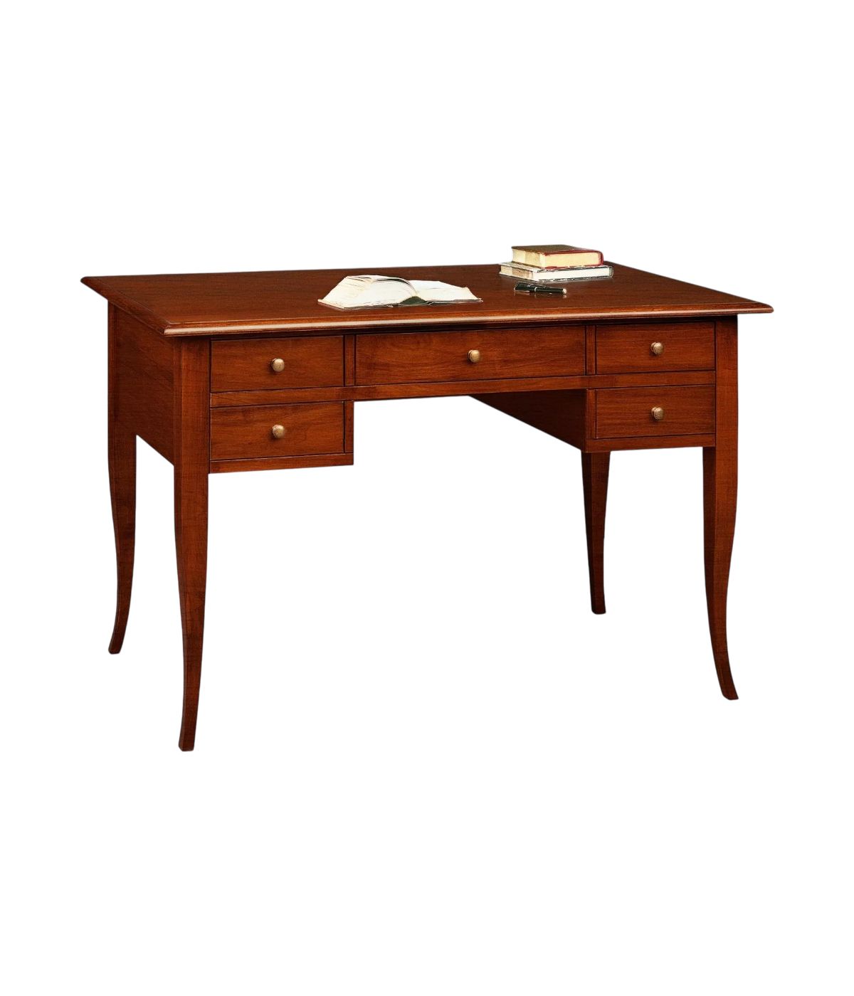MOBILI 2G - SCRIVANIA IN LEGNO ARTE POVERA 5 CASSETTI TINTA NOCE 130x65x81 VISTA FRONTALE