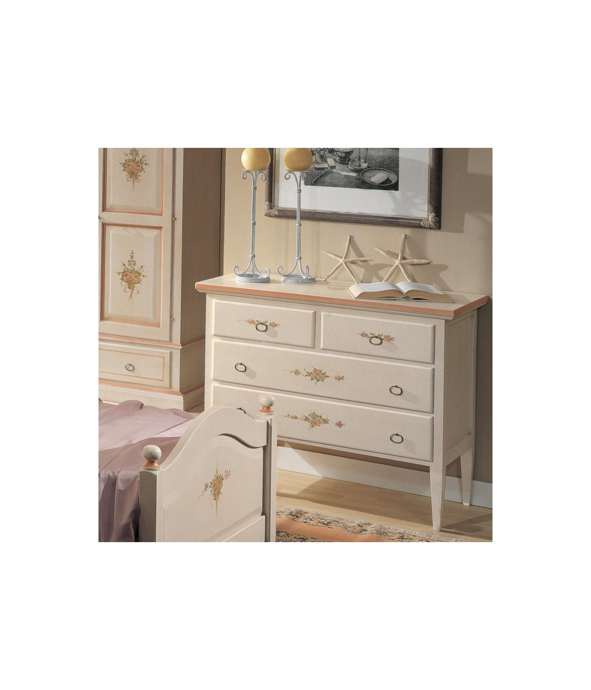 MOBILI 2G - COMO 4 CASSETTI BIANCO FILO ROSA IN LEGNO