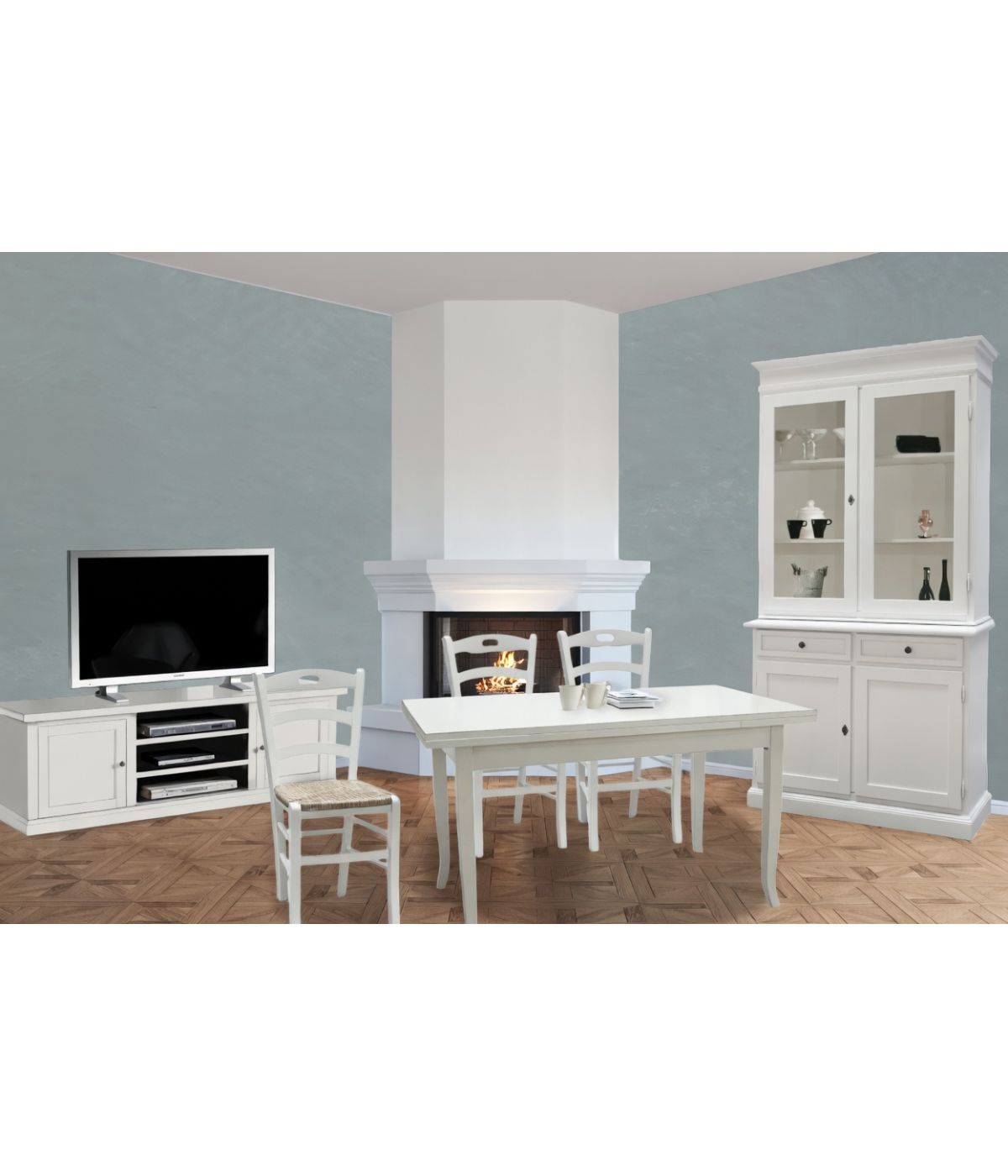 MOBILI 2G - Soggiorno classico legno shabby chic bianco opaco vista frontale